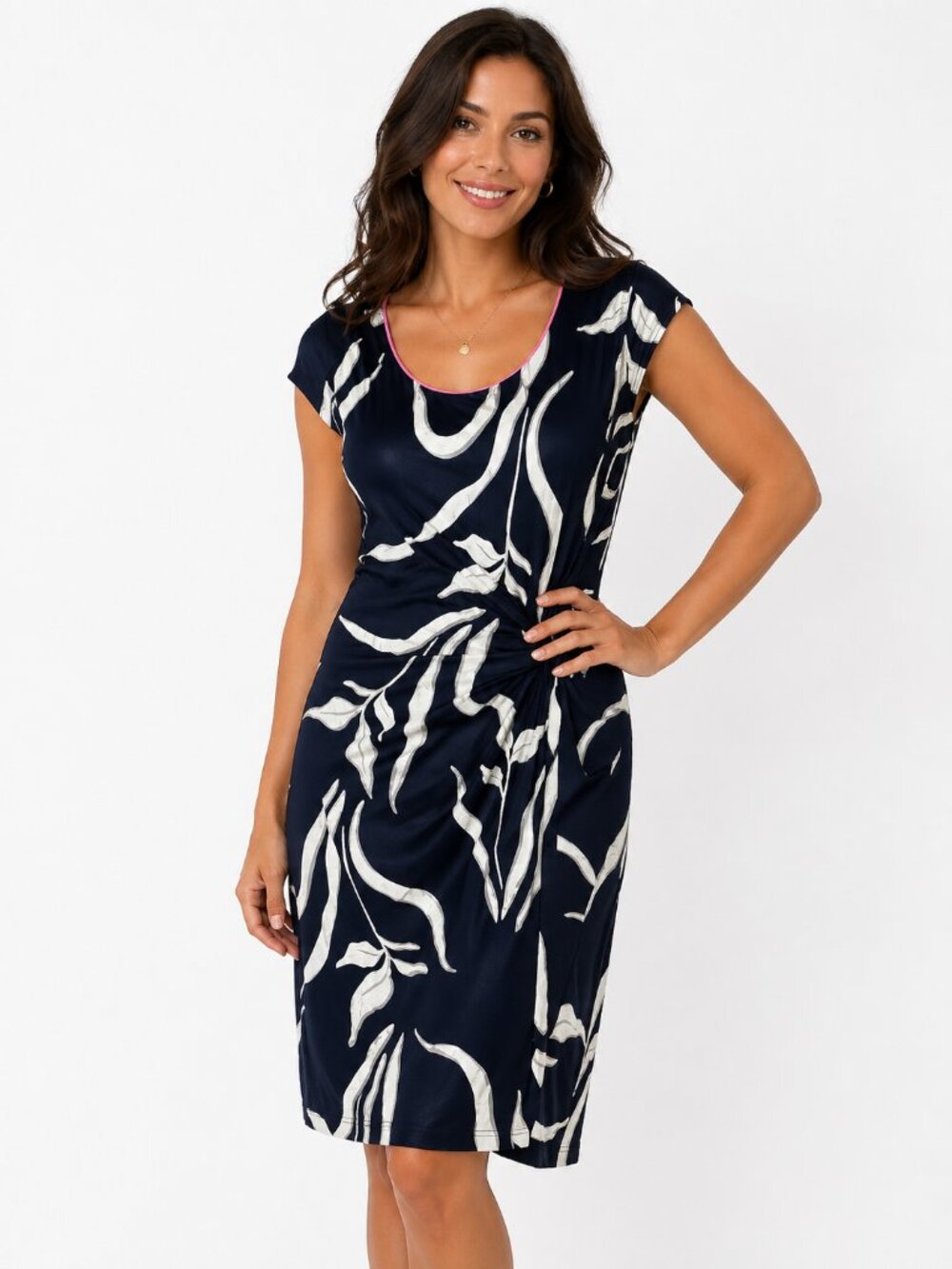 NIC+ZOE Iris Twist Midi Dress Navy Floral Pink Trim Career Office Stretch Small